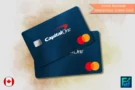 Two dark-blue Smart Rewards Mastercard Credit Cards by Capital One, featuring chip and Mastercard logo, with a Canadian flag icon and a rewards label on a beige background.