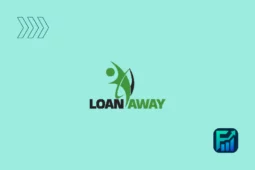 Logotipo da Loan Away com fundo azul-claro. A imagem apresenta uma figura estilizada em verde, representando uma pessoa em movimento ao lado de uma folha ou escudo, sugerindo agilidade e proteção financeira. O nome 
