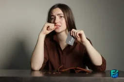 Credit card default, a worried person sits at a table holding a credit card, with a tense expression, suggesting missed payments and financial stress.