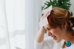 Frustrated woman pressing crumpled bills to her forehead, a moment when a LIHEAP application may help