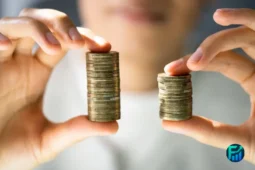Person holding two unequal stacks of coins illustrating the minimum wage Canada.